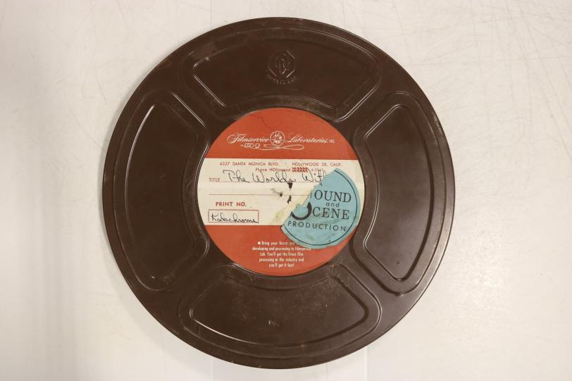 photo of a 16mm film reel cannister