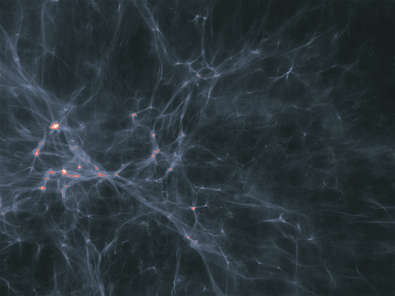 Simulation and visualization of the evolution of dark matter in the universe.