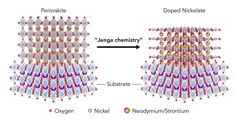 Atomic diagram of a perovskite transforming into a doped nickelate