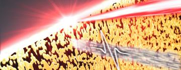 Illustration of a short laser pulse heating a sheet of aluminum, causing it to melt and break up into droplets.