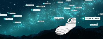 Star-filled teal night sky with turquoise glowing band, scattered “DATA ALERT” tags, and a white icon of the Rubin Observatory atop dark mountains.