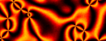 Black swirls and bar-like shapes against an orange background