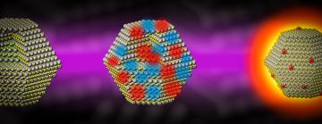 Illustration of three quantum dot nanocrystals showing atomic-level changes when they are hit with laser light 
