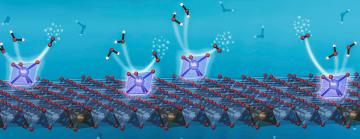 Alt text: Illustration showing surface of a catalyst as a lattice work of atoms, with single iridium molecules held above it on tiny 8-sided structures to facilitate splitting of water molecules seen floating above