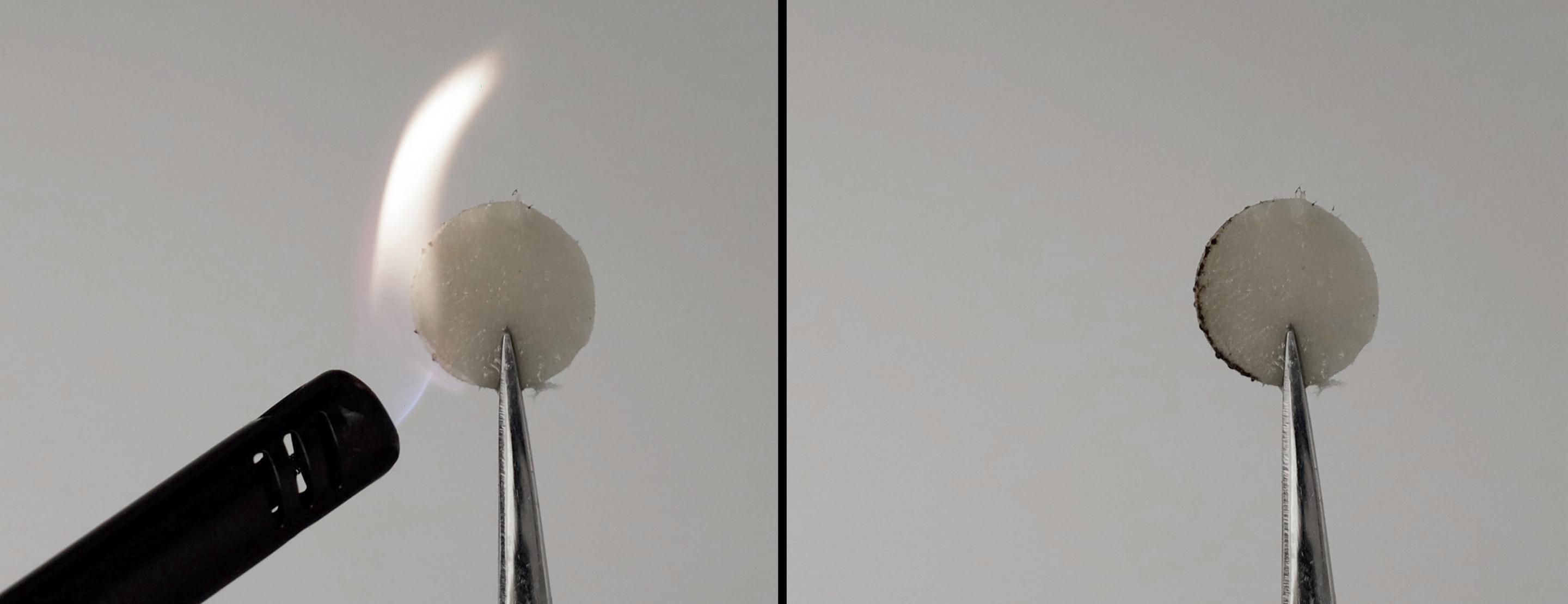 A lighter tries to ignite a small, silver, circular battery to no avail.