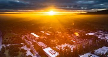 Drone view of SLAC's campus at sunrise