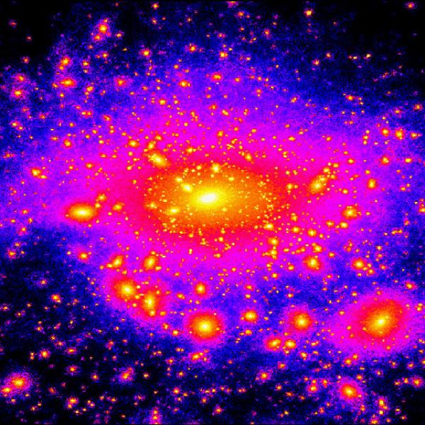 image from a supercomputer simulation shows as bright clumps the dark matter satellites