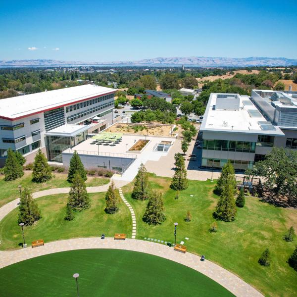 Science and User Support Building to the left and Arrillaga Science Center building to the right from above the Main Quad at SLAC's campus.