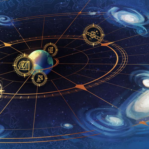 Illustration of Earth and galaxies with icons representing telescopes.