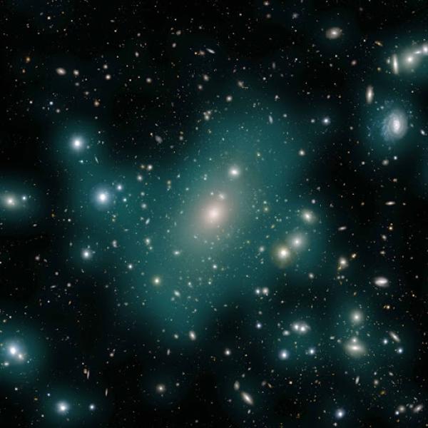 A smattering of hundreds of galaxies of different shapes and sizes against a black background. Semi-opaque teal blobs surround and connect many of the galaxies.