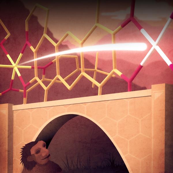 public lecture poster illustration of electrons going over a bridge