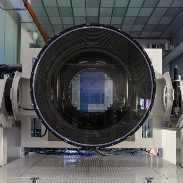 A front view of the completed LSST Camera, showing the 3,200-megapixel focal plane within