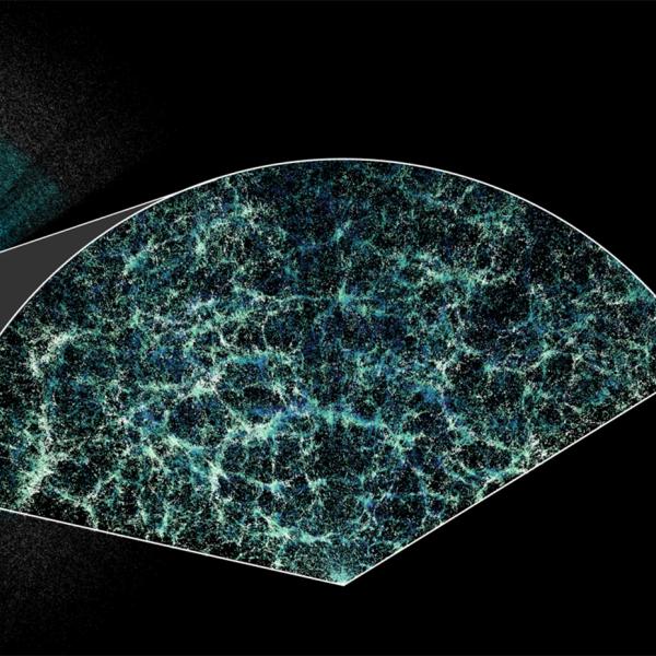 A fan-shaped map shows a lumpy web of galaxies