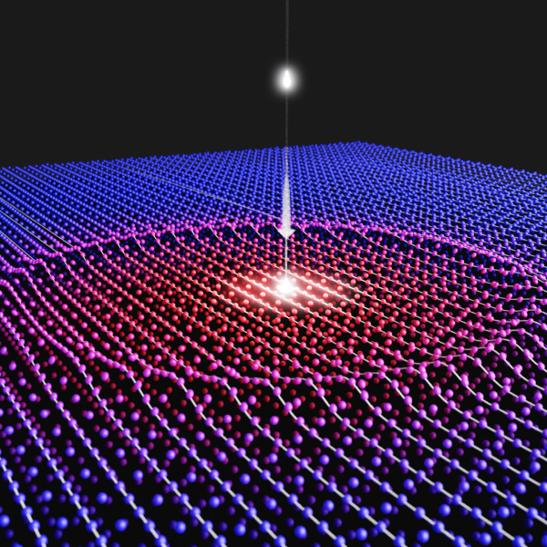 A small bright ball falls on a purple grid, creating a wave. 