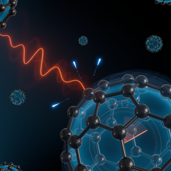 Graphic depiction of light exciting electrons on a sub-nanometer particle