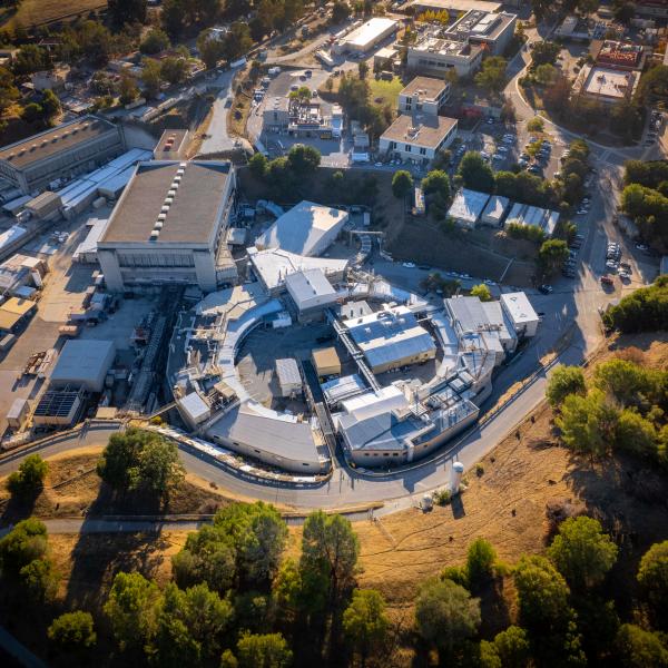 A view of SLAC’s Stanford Synchrotron Radiation Lightsource (SSRL), looking west at sunset.