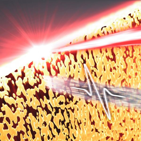 Illustration of a short laser pulse heating a sheet of aluminum, causing it to melt and break up into droplets.