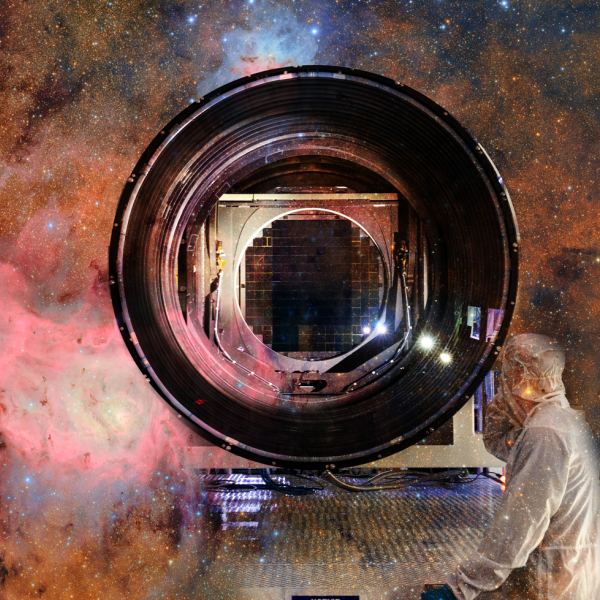  The background shows a compilation of the first images taken with the LSST Camera at Rubin Observatory. The overlay shows the LSST Camera in the cleanroom at SLAC before it was shipped to be installed into the NSF-DOE Vera C. Rubin Observatory.