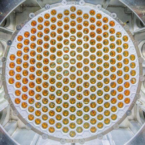 Overhead view looking down into a white structure with dozens of orange circular components arranged radially.