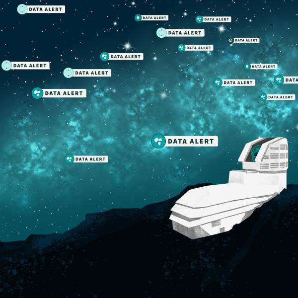 Star-filled teal night sky with turquoise glowing band, scattered “DATA ALERT” tags, and a white icon of the Rubin Observatory atop dark mountains.