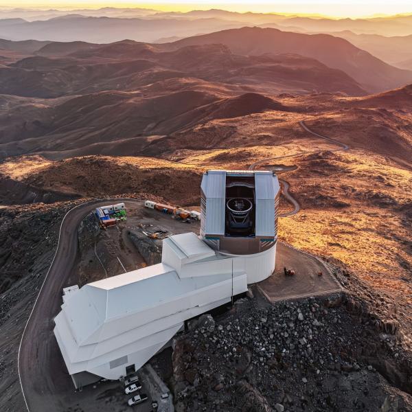 A drone photo of Rubin Observatory while taking pictures during the First Look observing campaign