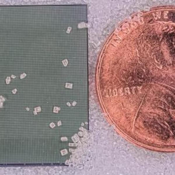 Silicon chip that integrates both imaging sensors and data compression, shown next to a U.S. penny