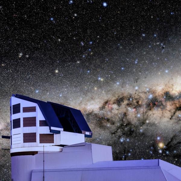 Rubin Observatory with the night sky and Milky Way in the background