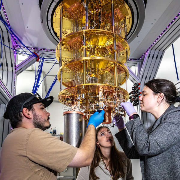 Researchers working with a dilution refrigerator, a piece of equipment that is made of gold-colored metal and resembles a chandelier.