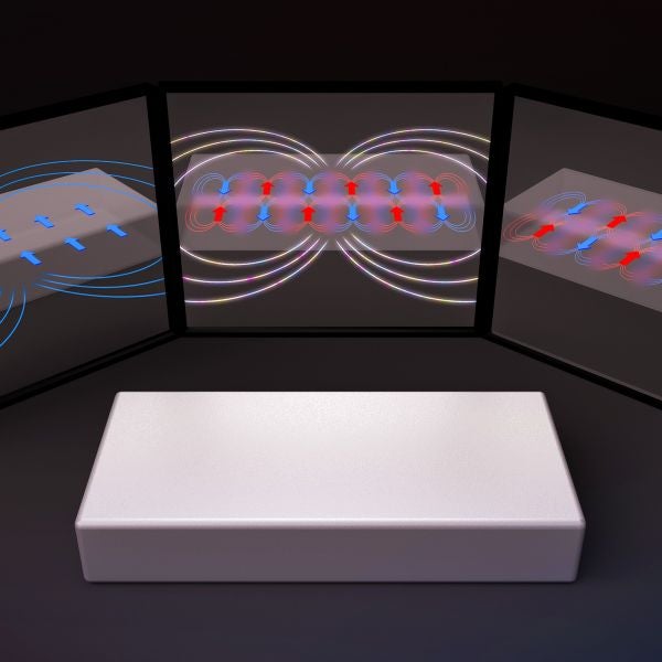 Three mirrors displaying colorful diagrams with arrows, lines, and circular patterns, positioned above a smooth white rectangular base on a dark background.