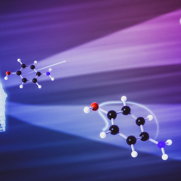 Colorful abstract illustration featuring molecular structures with light beams and gradients of purple and blue in the background.