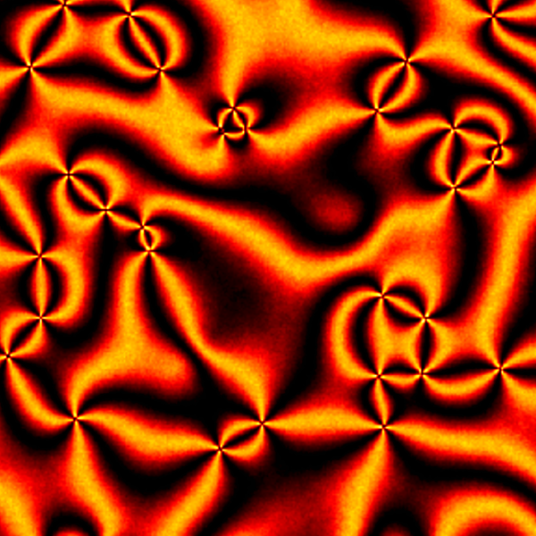 Black swirls and bar-like shapes against an orange background