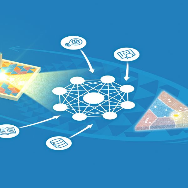 Illustration on blue of a central cluster of white circles connected by lines, with arrows pointing to it from four icons: a lightbulb with gear, a magnifier over a chart, an open book and a database. A yellow beam strikes a glowing tiled square at left; a triangular tiled shape glows at right.