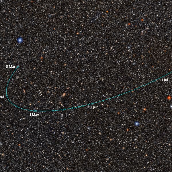 Field of stars with a line tracing the path of a dwarf planet through the night sky.