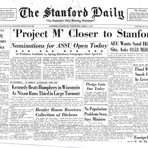 Project M article on front page of Stanford Daily newspaper in 1960