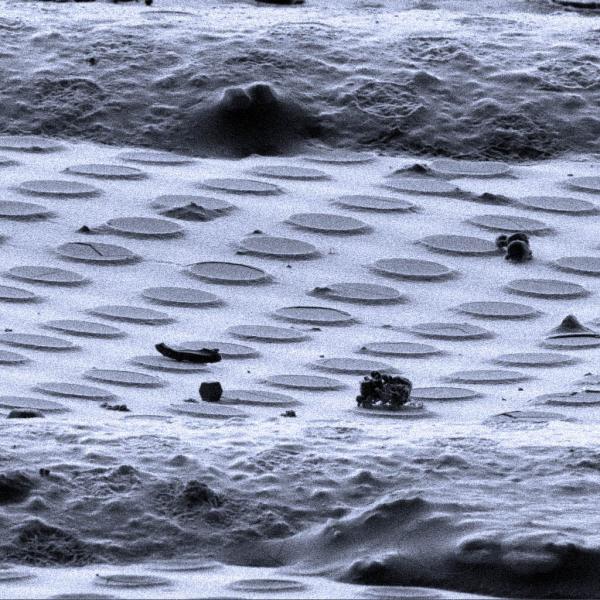 A battery's liquid electrolyte clings to small holes in a cryo-EM sample holder. 