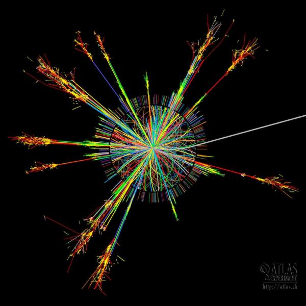 A rainbow burst depicting a simulated black hole event in ATLAS detector