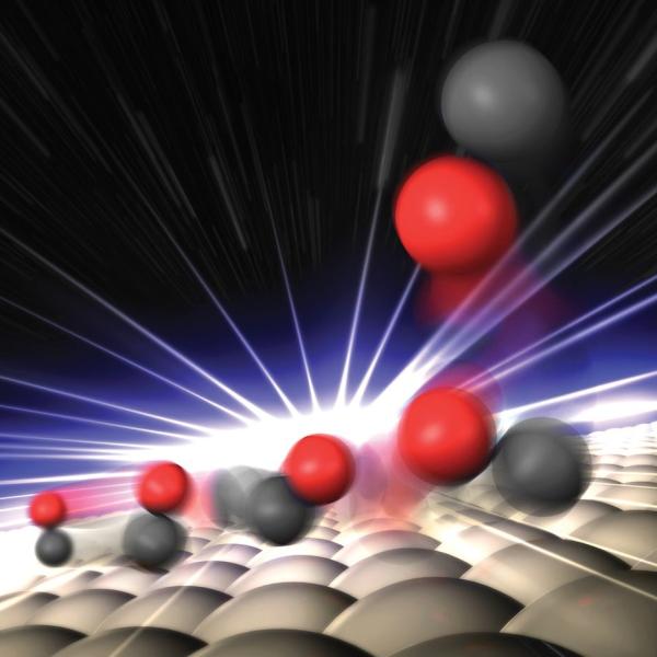 Artist rendition: molecules react with the surface of a catalyst in real time