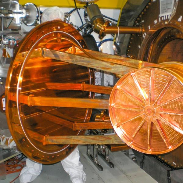 Photo – The xenon vessel, ready to be inserted into the cryostat 