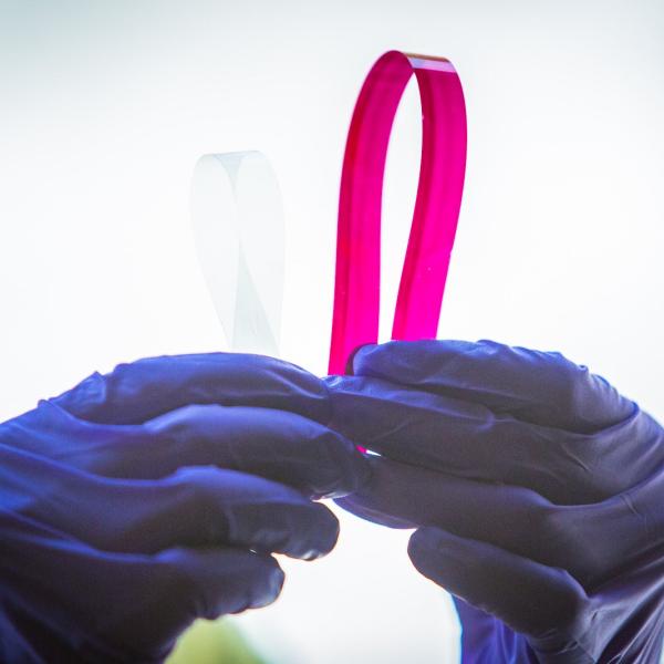 Image - A researcher at SLAC's Stanford Synchrotron Radiation Lightsource holds up a thin strip of material printed with an ink (magenta) relevant to solar-energy conversion.