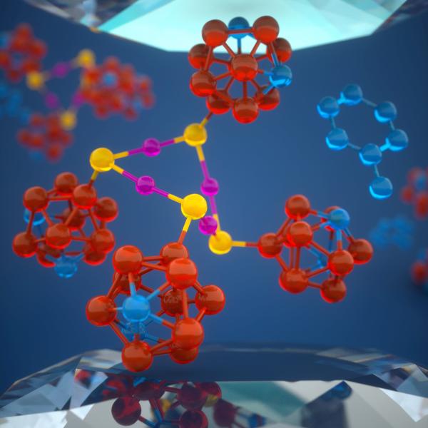 Illustration of soft molecules attached to molecular anvils between diamond tips 