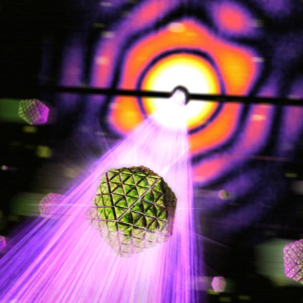 Image - A geometric structure from a bacterial cell, called a carboxysome, is struck by an X-ray pulse (purple) at SLAC’s Linac Coherent Light Source. (SLAC National Accelerator Laboratory)