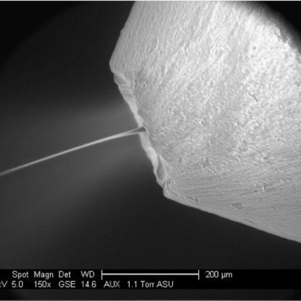 Magnified image of a micro-jet nozzle squirting an oily solution called a "lipidic sponge phase"