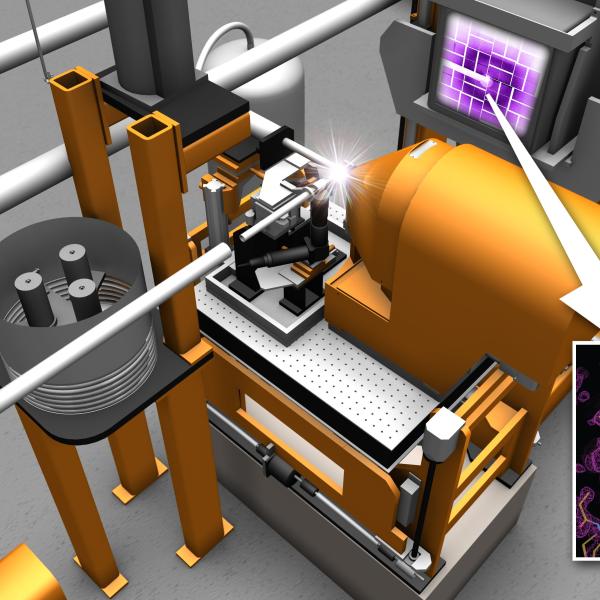 Image - This artistic rendering shows planned instrumentation for a Macromolecular Femtosecond Crystallography (MFX) experimental station at SLAC's Linac Coherent Light Source. MFX will expand LCLS's capacity and flexibility for biological experiments.
