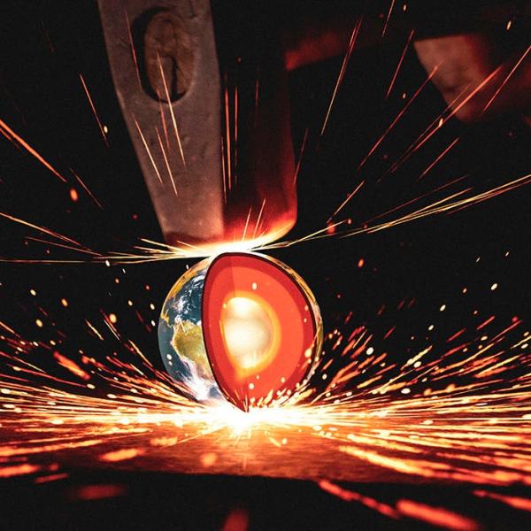 illustration of a hammer hitting the Earth's iron core