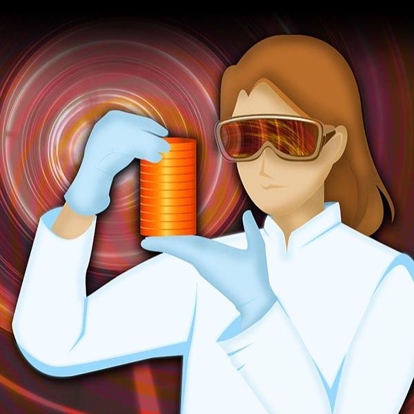 illustration of woman scientist observing stacked copper discs