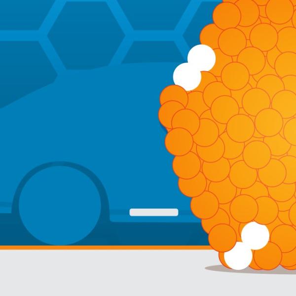 Illustration of catalyst nanoparticle and car with exhaust emissions 