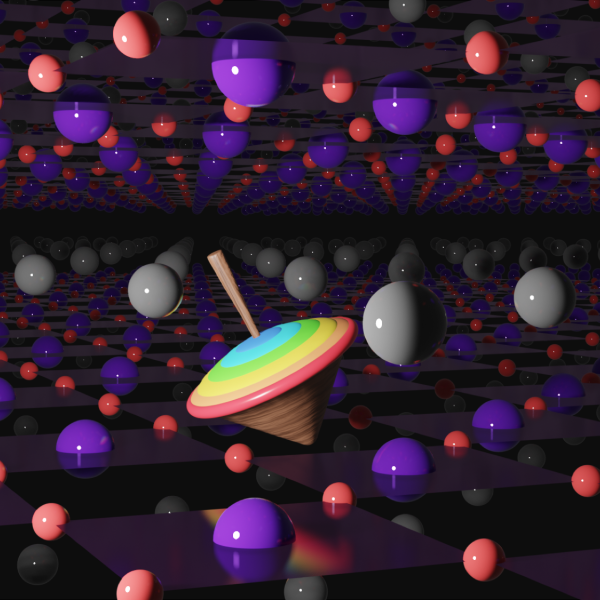 A brightly colored top is seen spinning between two layers of gray, purple and red spheres representing atoms in a nickel oxide superconductor.  The top represents a fundamental particle called a muon.