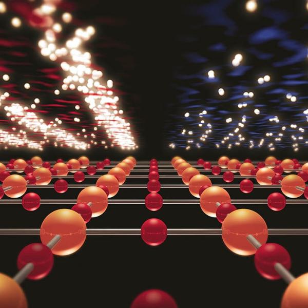 Artist's illustration shows quantum states called superconductivity and charge density waves atop an atomic lattice of balls and sticks