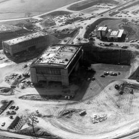 Construction progress showing End Station A, End Station B, beam switchyard, circa 1964