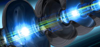illustration of an electron beam traveling through a niobium cavity – a key component of SLAC’s future LCLS-II X-ray laser. 
